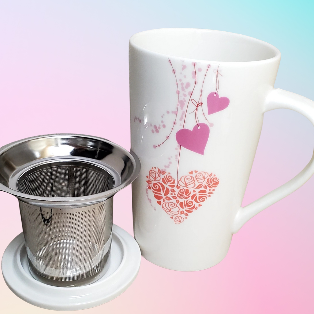 Heart-Imprinted Porcelain Tea Mug with Brew Basket and Lid