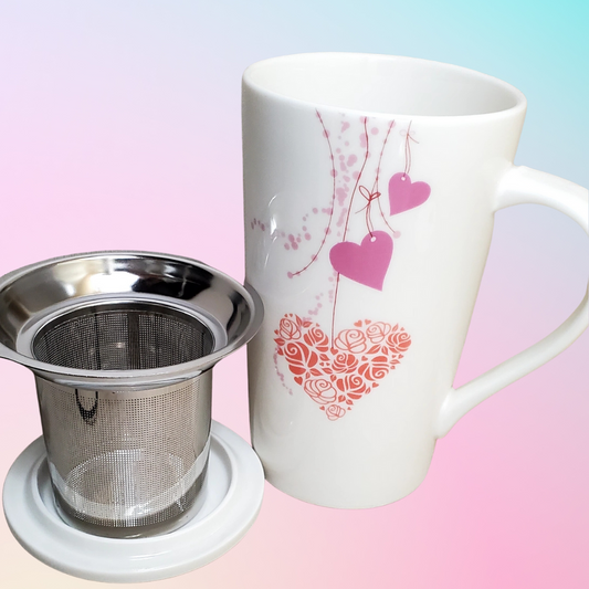 Heart-Imprinted Porcelain Tea Mug with Brew Basket and Lid