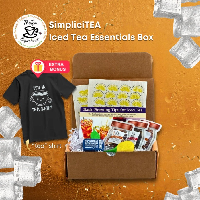 SimpliciTEA Iced Tea Essentials Box with t-shirt, ice cubes, and brewing guide on an orange background
