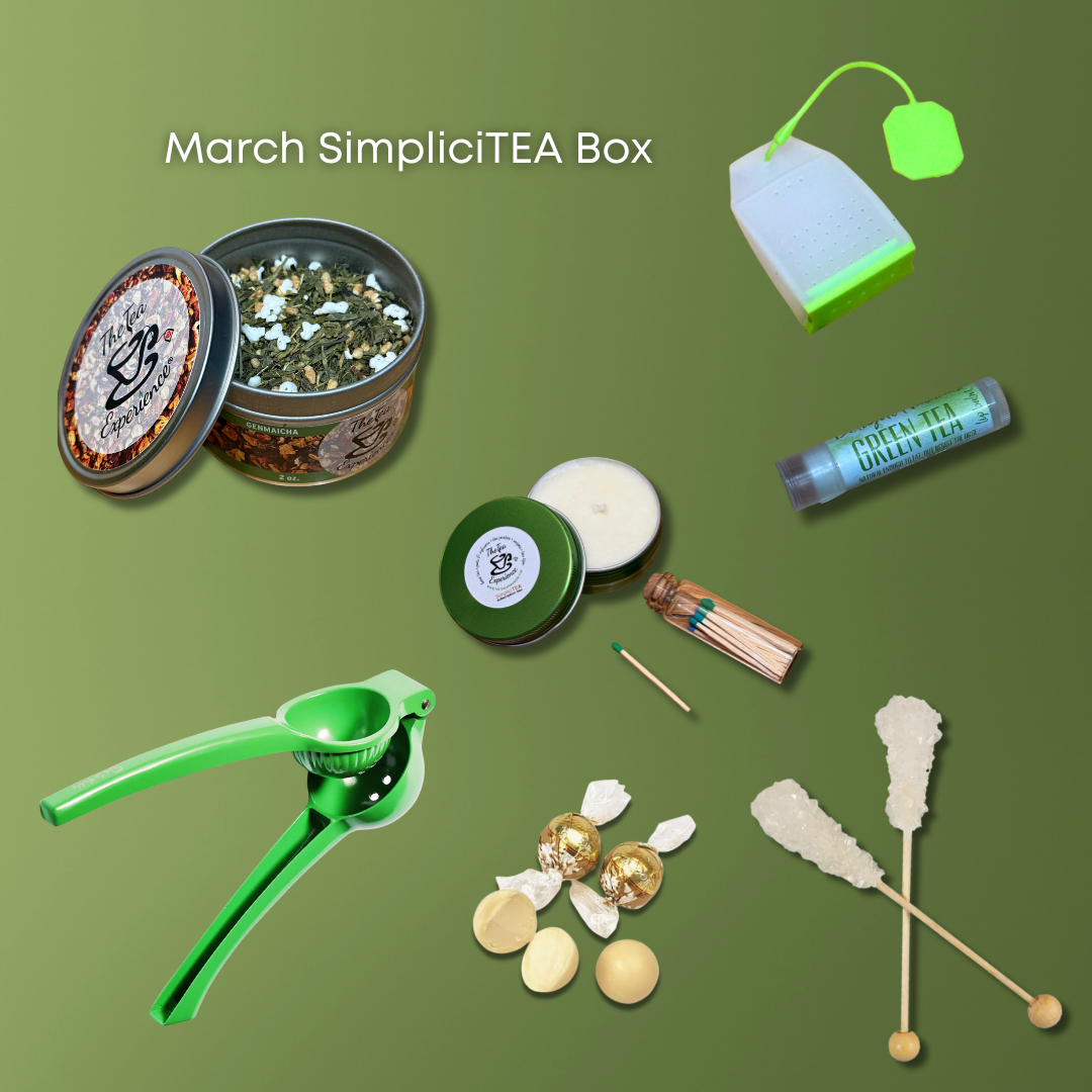 march simplicitea box items: clockwise - tea infuser, green tea lip balm, sugar sticks, white chocolate truffles, citrus juicer, genmaicha tea, candle with match sticks