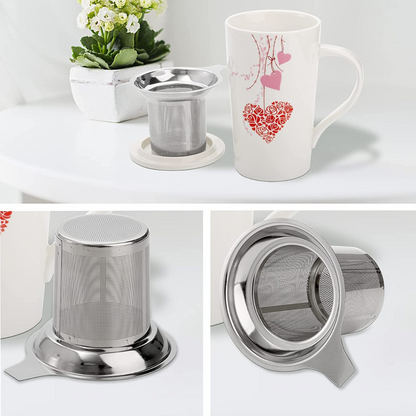 Heart-Imprinted Porcelain Tea Mug with Brew Basket and Lid