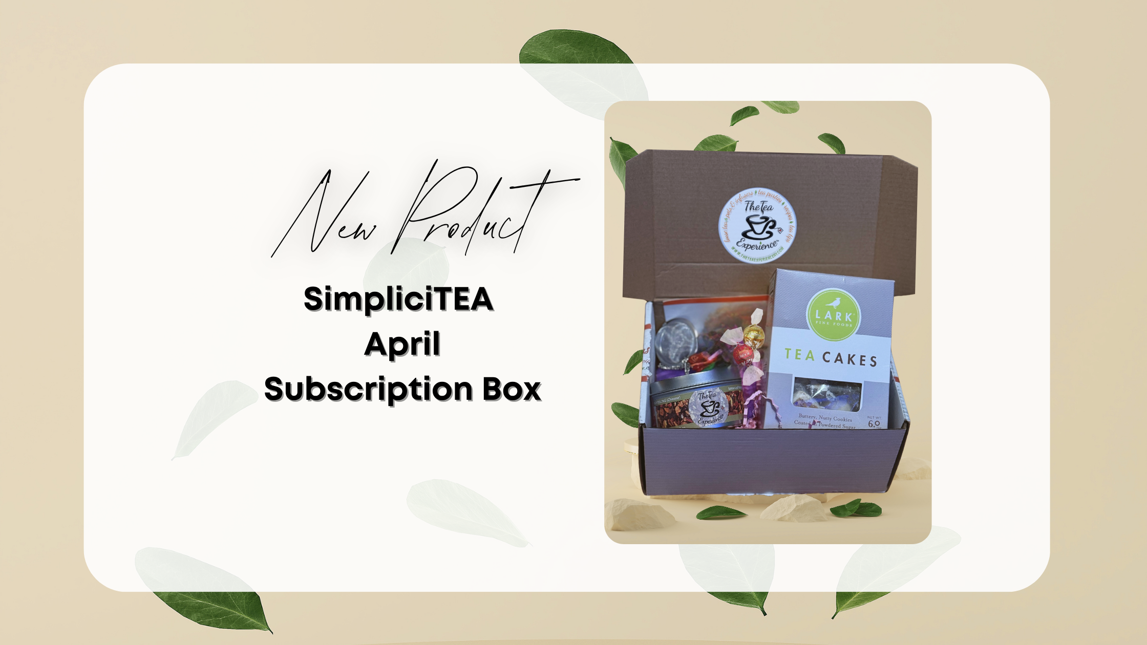 SimpliciTEA April subscription box with product details on a beige background