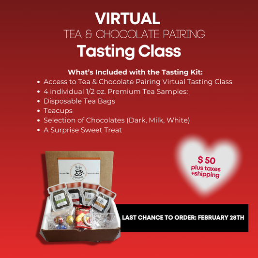 Promotional image for a virtual tea and chocolate pairing tasting class with a box of tea samples and chocolates on a red background.